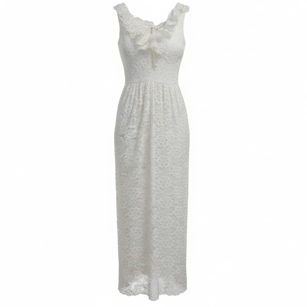 Nadine Vintage Ivory Floral Lace Ruffled V-Neck Maxi Dress Victorian ILGWU
